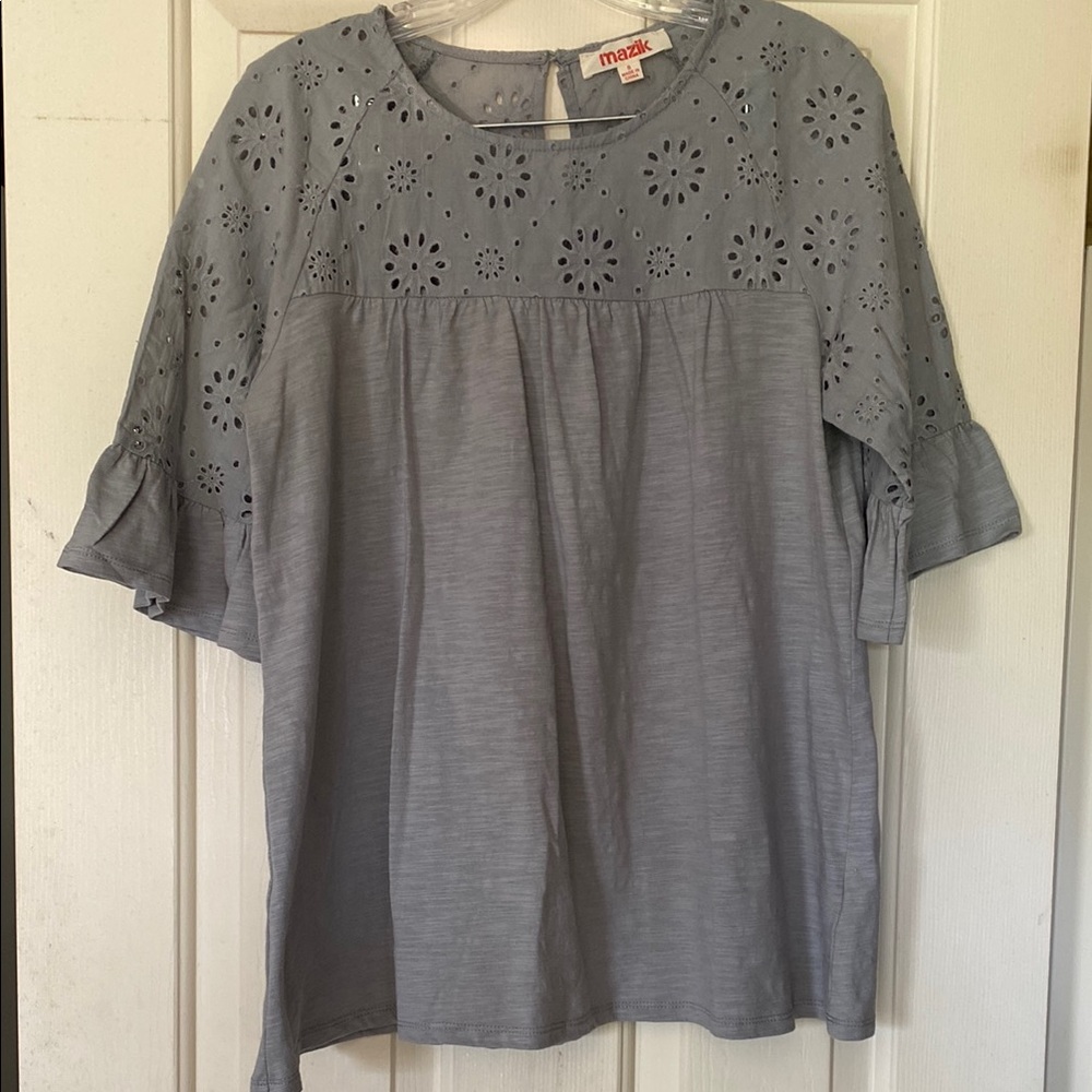 Gray Bell Sleeve Ruffled Blouse